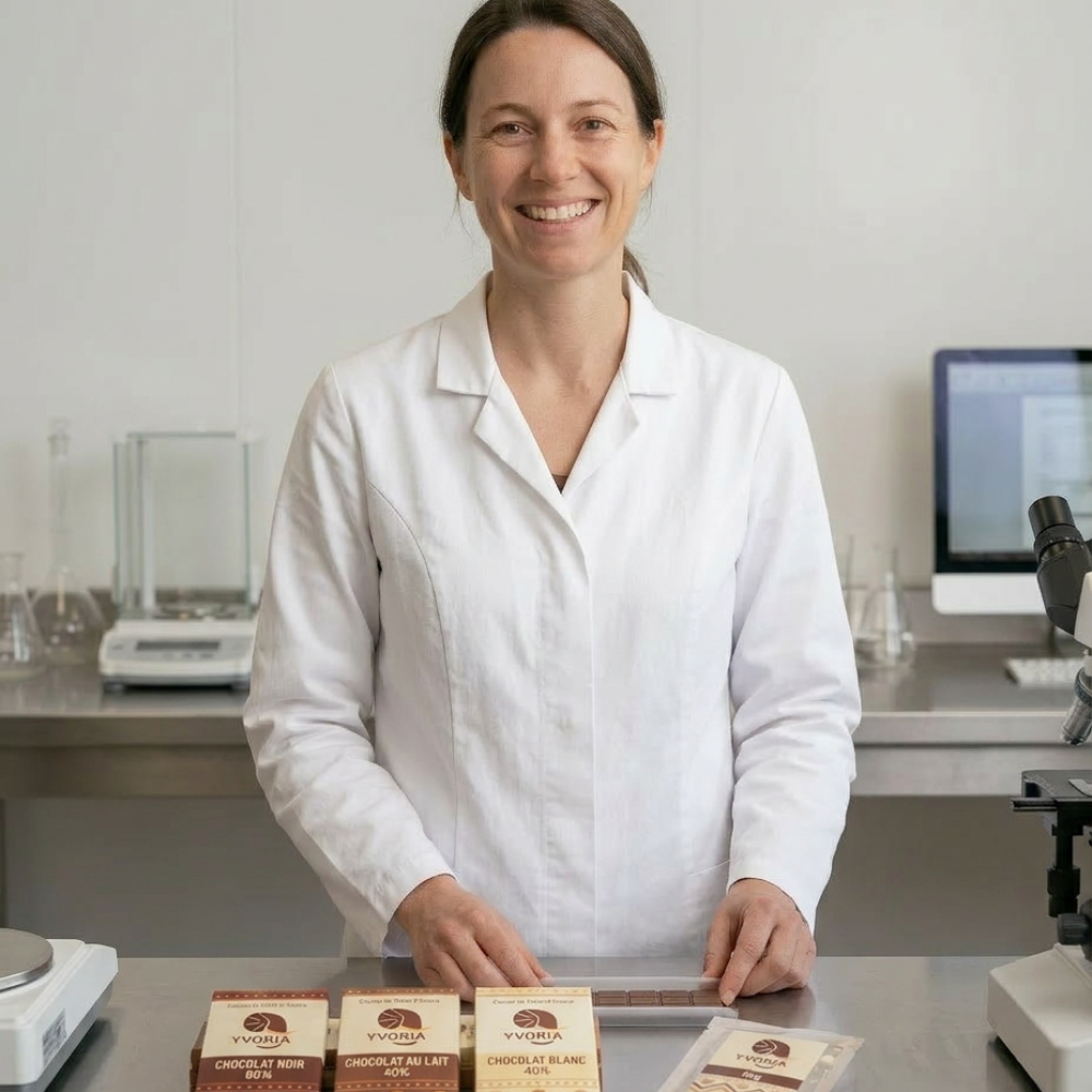Portrait de Claire avec echantillons du produit : Source IA