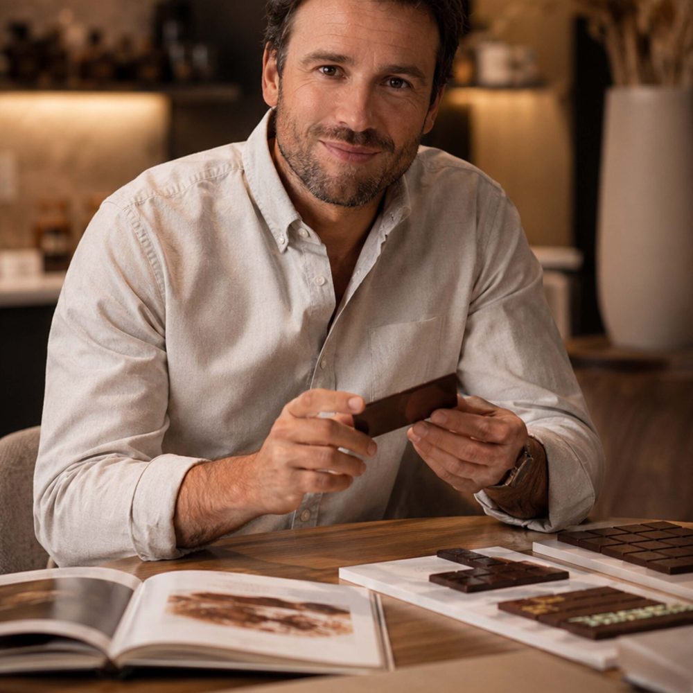 Portrait homme avec echantillons de chcolat et catalogue a proposé : Source : IA